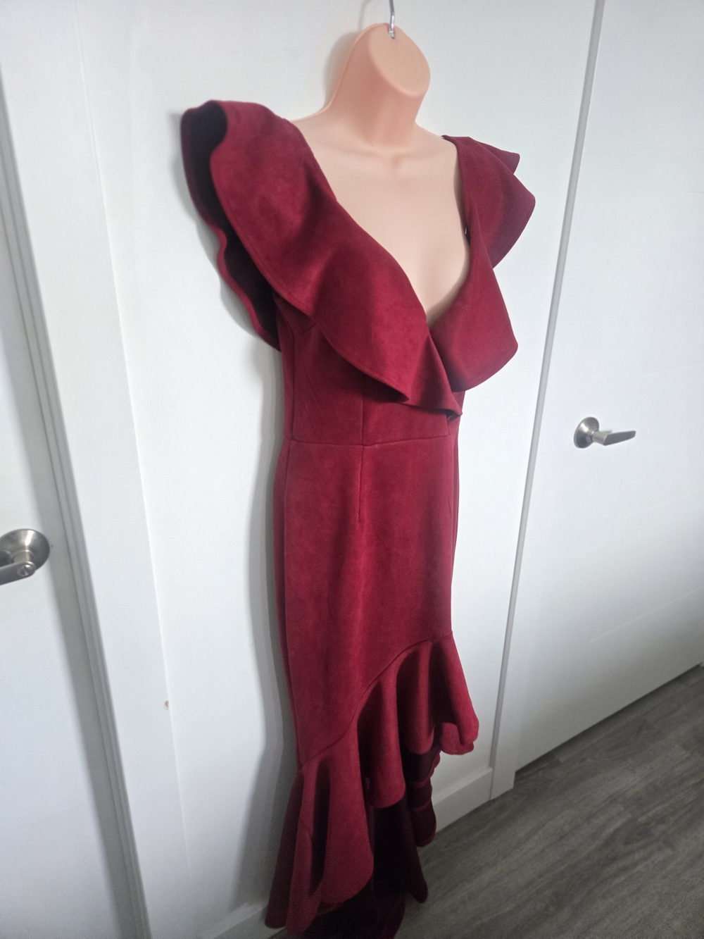 Fashion Nova Burgundy Ruffle Maxi Dress